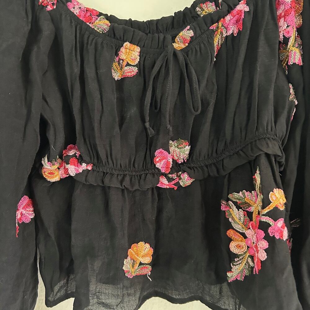 Wild Moss Crop Top L Black Floral Embroidered Boho Babydoll Peasant Festival Y2k - Picture 7 of 8